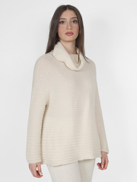 Rib Knit Turtle Neck Cashmere Poncho with Sleeves
